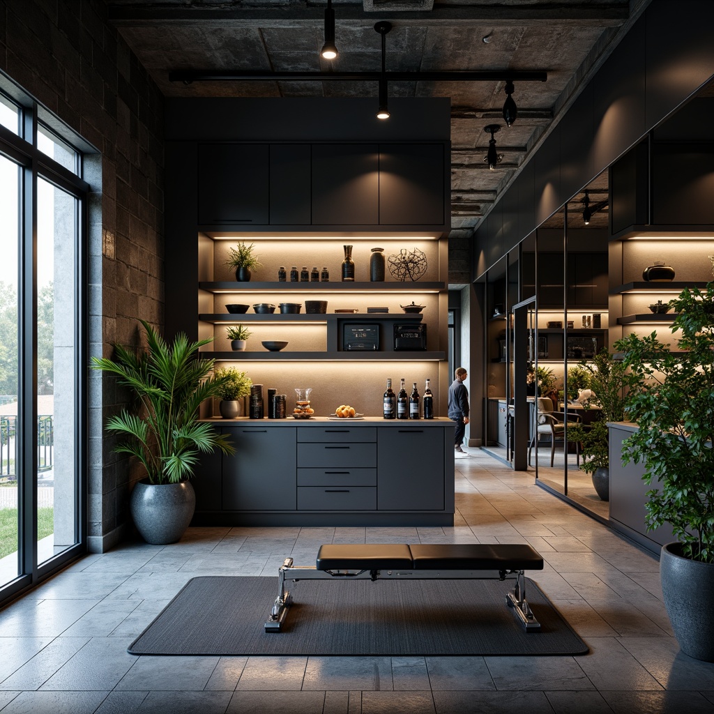 Prompt: Modern home gym, sleek metal equipment, rubber flooring, mirrored walls, high ceilings, natural light, sliding glass doors, minimalist decor, organized storage solutions, modular shelving units, industrial-style cabinets, labeled baskets, hidden compartments, LED lighting, soft shadows, 3/4 composition, realistic textures, ambient occlusion.