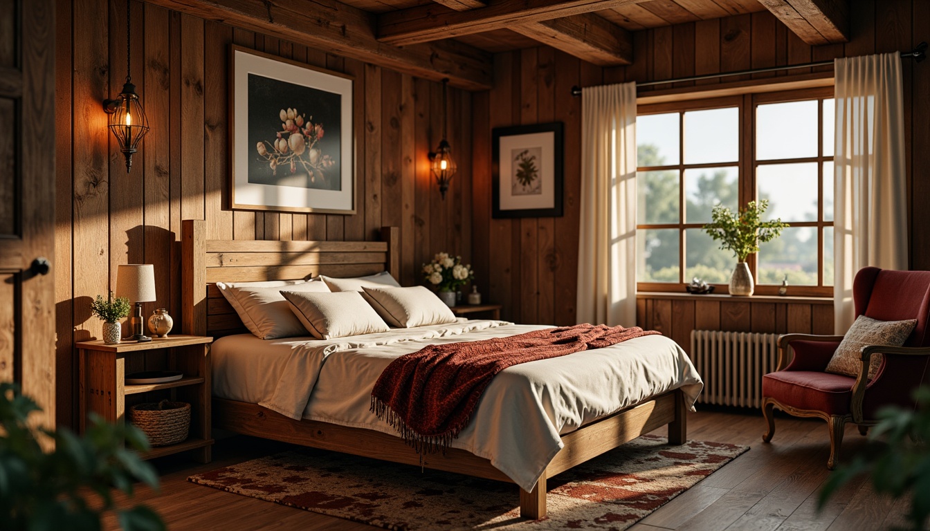 Prompt: Rustic bedroom, wooden plank walls, distressed finishes, earthy tones, natural textures, stone accents, brick red hues, vintage decor, antique furniture, warm candlelight, cozy atmosphere, soft blankets, woven baskets, nature-inspired patterns, reclaimed wood, rough-hewn beams, earthy scents, morning sunlight, shallow depth of field, 1/1 composition, intimate close-up shots, realistic renderings.