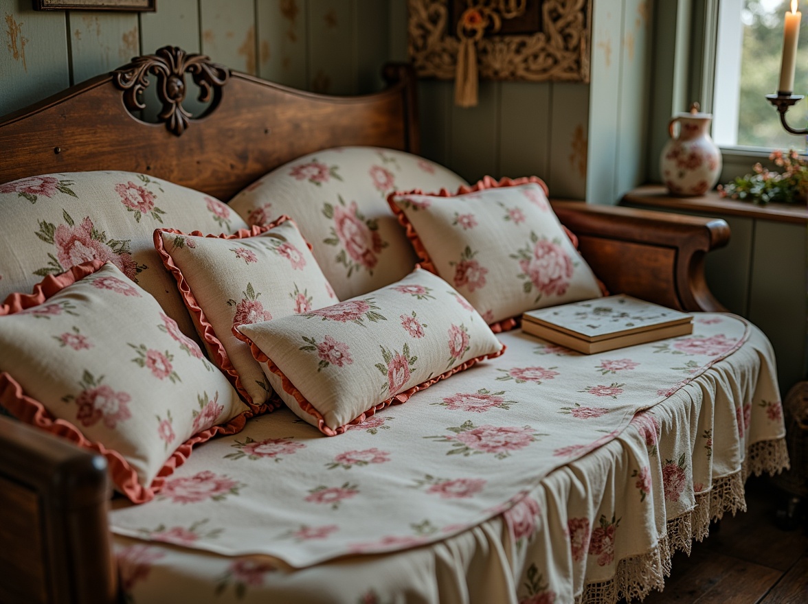 Prompt: Distressed vintage fabrics, soft pastel hues, floral patterns, lace trims, ruffled edges, delicate embroidery, feminine silhouettes, antique furniture pieces, worn wood accents, ornate metalwork, rustic distressed finishes, warm candlelight, shallow depth of field, 1/1 composition, romantic ambiance, whimsical details, nostalgic atmosphere.