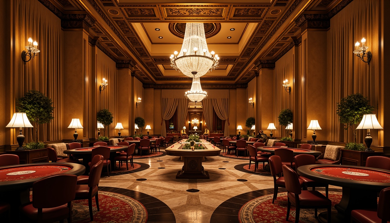 Prompt: Luxurious casino interior, traditional ornate details, warm golden lighting, crystal chandeliers, dimmable table lamps, floor-to-ceiling drapery, rich velvet fabrics, intricate moldings, polished marble floors, lavish furnishings, subtle color schemes, high-contrast accents, dramatic spotlights, soft ambient glow, layered lighting effects, 1/2 composition, cinematic atmosphere, realistic reflections, detailed textures.