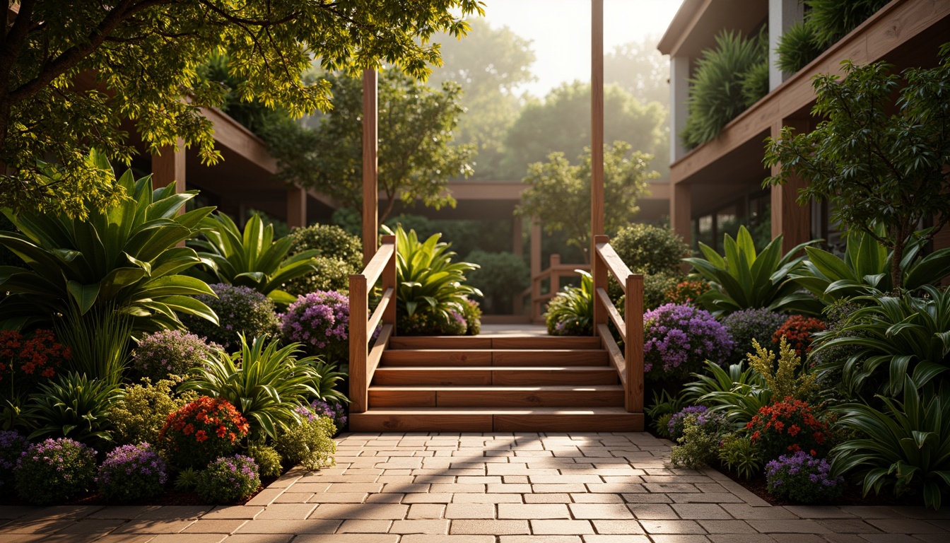 Prompt: Rich wooden handrails, exotic hardwood steps, lush greenery walls, vibrant floral arrangements, natural stone floors, tropical leaf patterns, warm golden lighting, soft misty atmosphere, shallow depth of field, 3/4 composition, panoramic view, realistic textures, ambient occlusion.