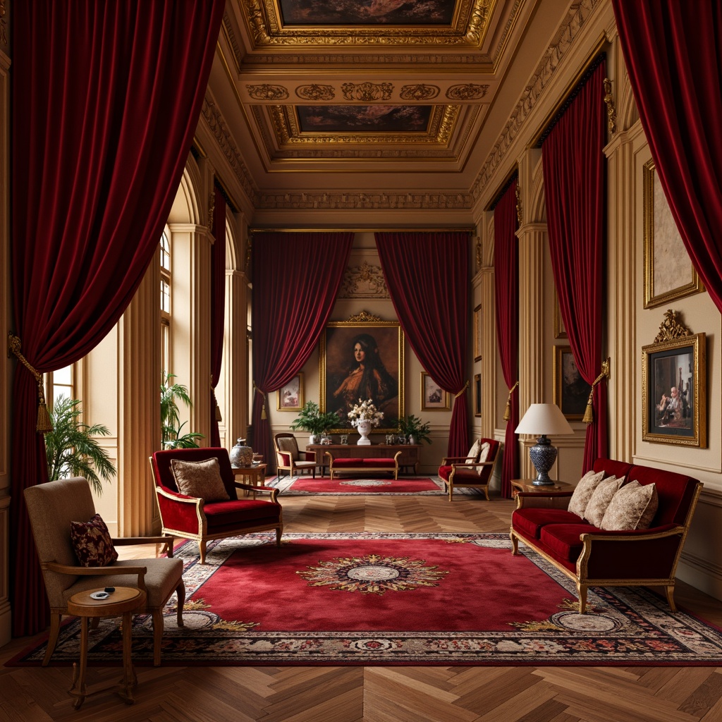 Prompt: Rich maroon accents, luxurious velvet fabrics, golden metallic details, warm beige backgrounds, deep crimson hues, bold architectural lines, opulent furnishings, lavish decorations, dramatic lighting effects, high-contrast shadows, cinematic mood, 1/1 composition, shallow depth of field, soft focus, vibrant color grading.