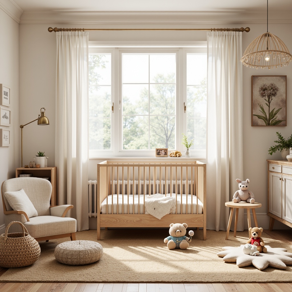 Prompt: Whimsical nursery, soft pastel colors, delicate floral patterns, plush toys, wooden crib, gentle curtains, warm beige carpet, cute baby furniture, vintage-inspired decor, distressed wood accents, creamy white walls, natural light, airy atmosphere, 3/4 composition, shallow depth of field, realistic textures.