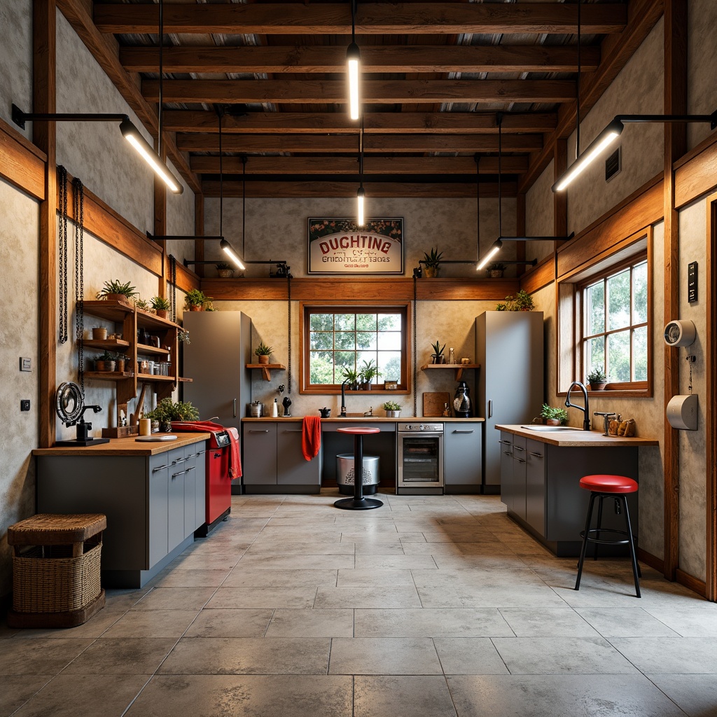 Prompt: Industrial-style garage, metallic colors, rusty tones, weathered wood accents, concrete floors, modern lighting fixtures, sleek metal cabinets, bold color blocking, high-contrast palette, warm beige walls, cool gray machinery, vibrant red accents, realistic textures, ambient occlusion, shallow depth of field, 3/4 composition, panoramic view.