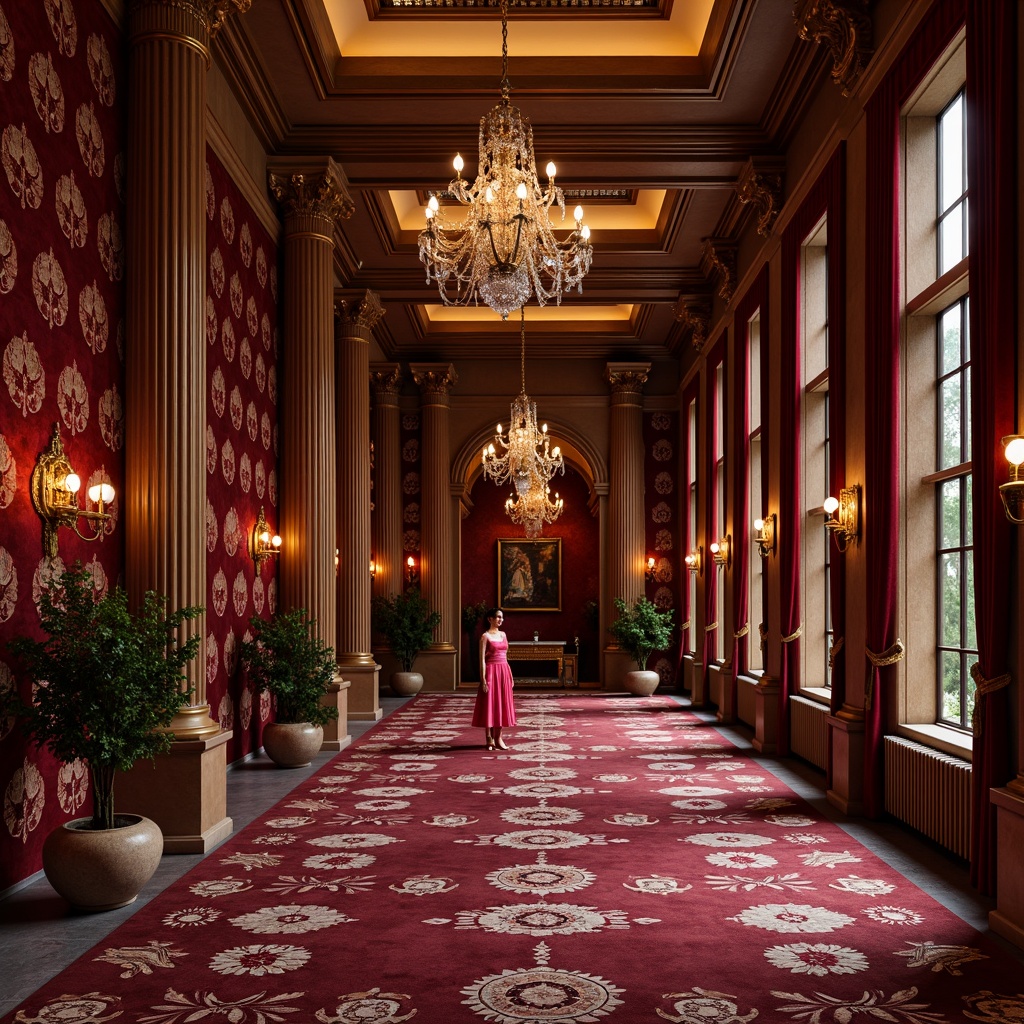 Prompt: Vibrant maroon accents, rich velvet textures, luxurious golden frames, ornate wooden carvings, lavish crystal chandeliers, opulent red velvet drapes, majestic architectural columns, intricate floral patterns, bold geometric shapes, warm soft lighting, shallow depth of field, 1/2 composition, realistic reflections, ambient occlusion.