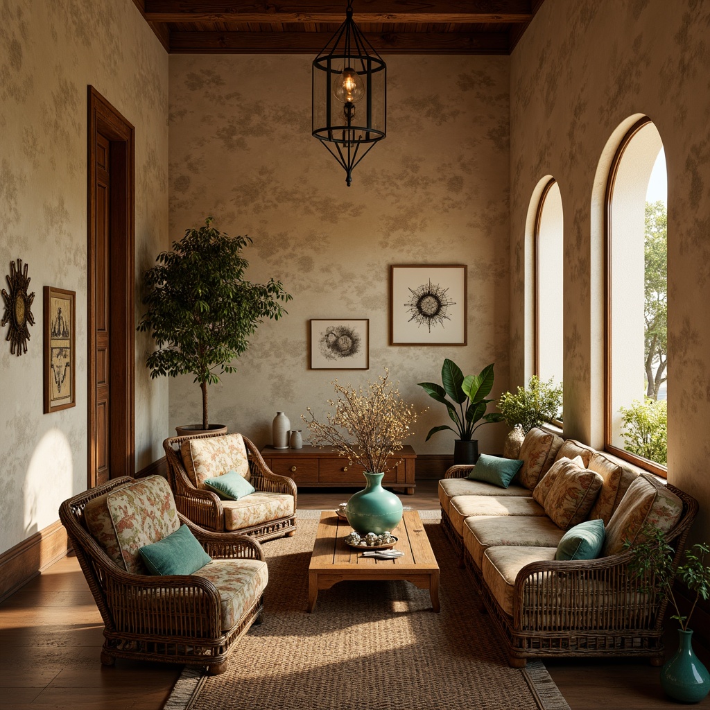 Prompt: Richly textured upholstery, distressed wood accents, warm beige walls, ornate metalwork, plush throw pillows, rustic wooden tables, curved lines, decorative ceramics, vibrant turquoise hues, natural fiber rugs, woven wicker furniture, elegant archways, soft golden lighting, shallow depth of field, 2/3 composition, intimate atmosphere, ambient occlusion.