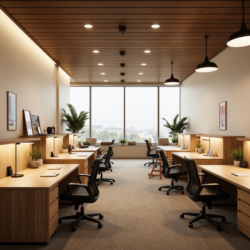 Prompt: Minimalist office interior, sleek wooden desks, ergonomic chairs, floor-to-ceiling windows, natural light pouring in, warm beige walls, soft carpet flooring, modern pendant lamps, indirect lighting, ambient glow, task-oriented desk lamps, energy-efficient LED lights, recessed ceiling lights, subtle color temperature, 1/1 composition, shallow depth of field, realistic textures, ambient occlusion.