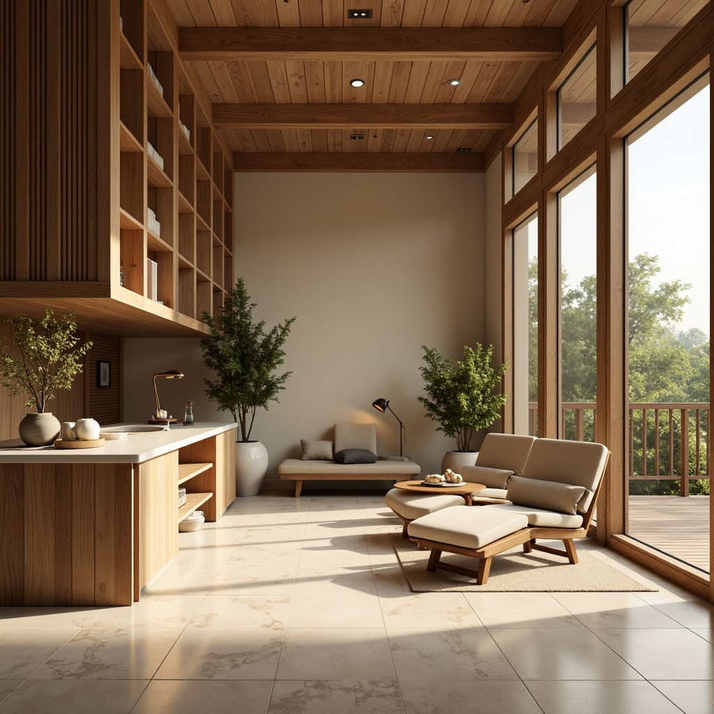 Prompt: Earthy tone interior, warm beige walls, rich walnut wood accents, soft sage greenery, creamy white marble countertops, natural linen upholstery, ambient golden lighting, shallow depth of field, 3/4 composition, realistic textures, subtle gradient effects.