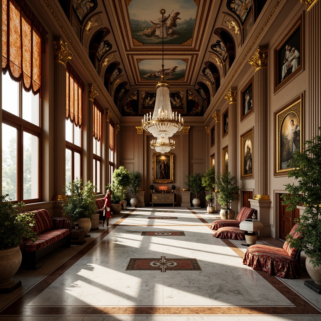 Prompt: Grandiose columns, ornate moldings, luxurious marble floors, intricately carved wooden furnishings, lavish crystal chandeliers, rich velvet drapes, gilded frames, ornamental vases, frescoed ceilings, stately sculptures, imposing stone statues, regal thrones, intricate patterns, subtle warm lighting, shallow depth of field, 2/3 composition, realistic textures, ambient occlusion.