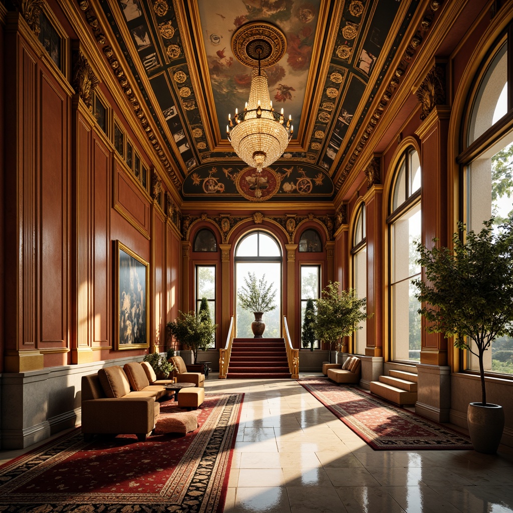 Prompt: Ornate gold accents, luxurious velvet fabrics, intricately carved wooden panels, ornamental mirrors, grand crystal chandeliers, lavish fresco ceilings, opulent marble floors, richly patterned rugs, gilded moldings, dramatic arched windows, sweeping staircase curves, majestic domed roofs, warm golden lighting, soft focus blur, 1/1 composition, symmetrical framing.