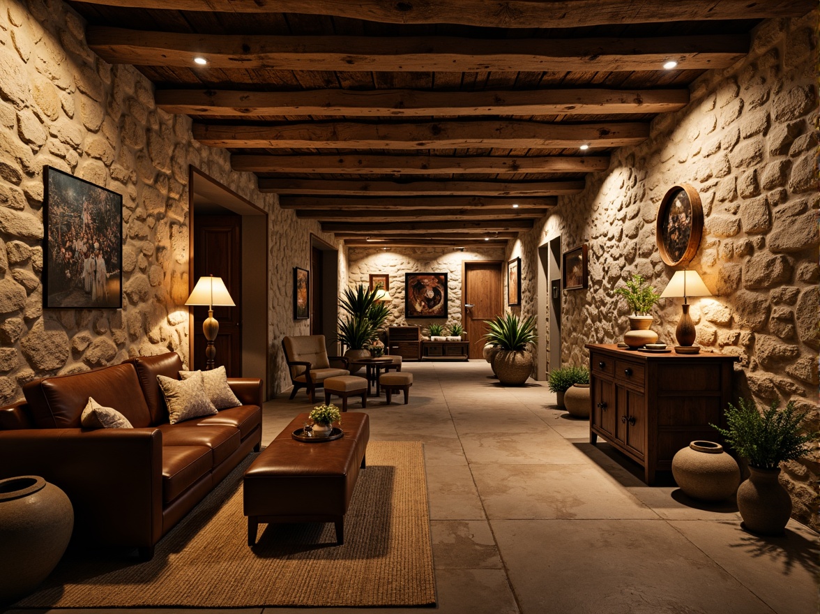 Prompt: Rustic basement, stone walls, earthy tones, natural textures, reclaimed wood accents, wooden beams, exposed brickwork, rough-hewn stones, dim warm lighting, cozy atmosphere, wooden crates, vintage decorative items, distressed metal signs, aged leather furniture, woven textiles, natural fiber rugs, earthenware vases, warm candlelight, shallow depth of field, 2/3 composition, warm color palette, realistic materials, ambient occlusion.