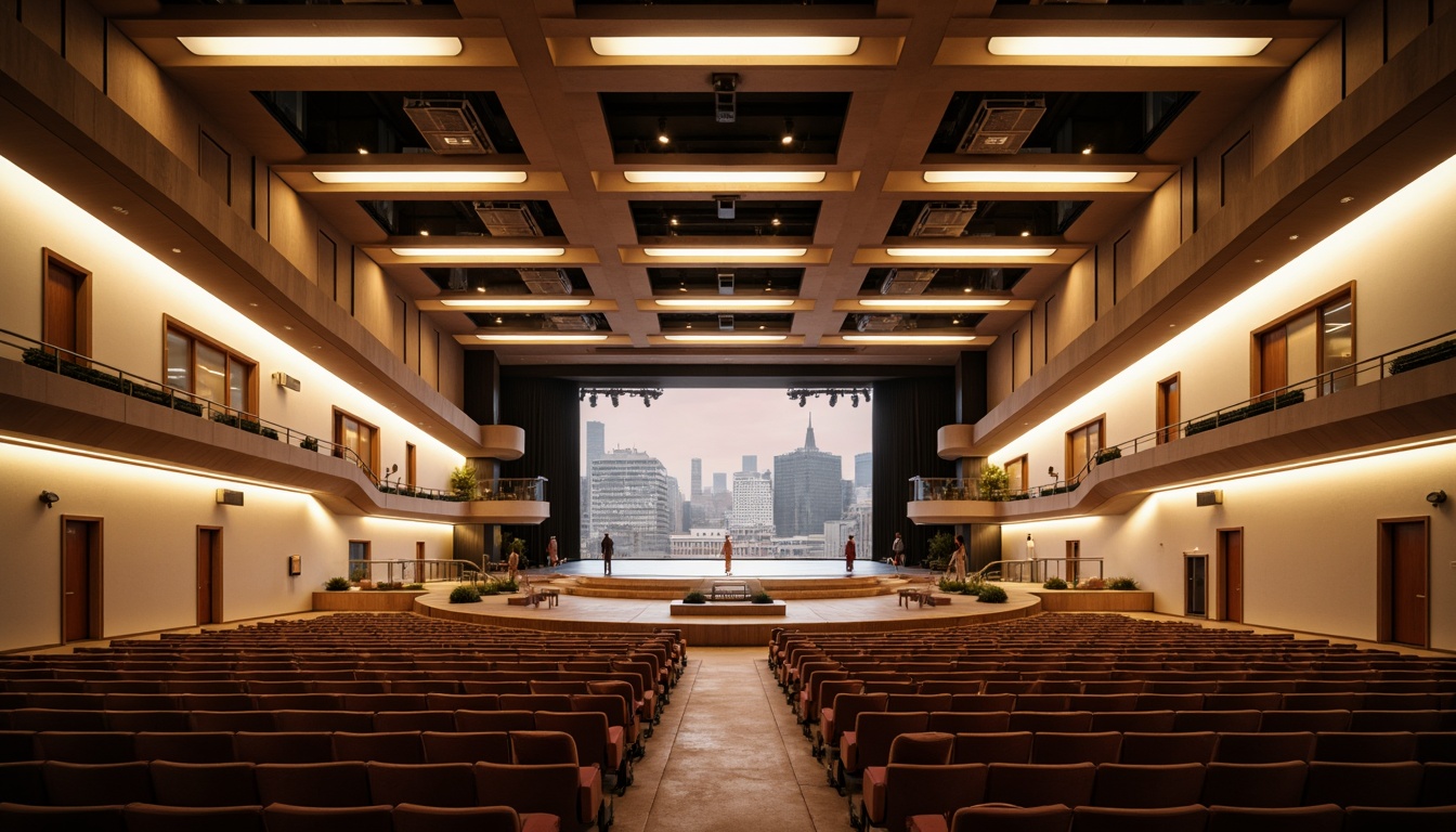 Prompt: Streamlined modern auditorium, sleek curved lines, minimalist aesthetic, warm neutral tones, high ceilings, spacious interior, state-of-the-art sound systems, LED stage lights, soft ambient glow, dramatic spotlights, catwalks, audience seating areas, luxurious fabrics, metallic accents, glass railings, open balconies, cityscape views, urban modernity, futuristic ambiance, 1/1 composition, low-key lighting, shallow depth of field, realistic textures.