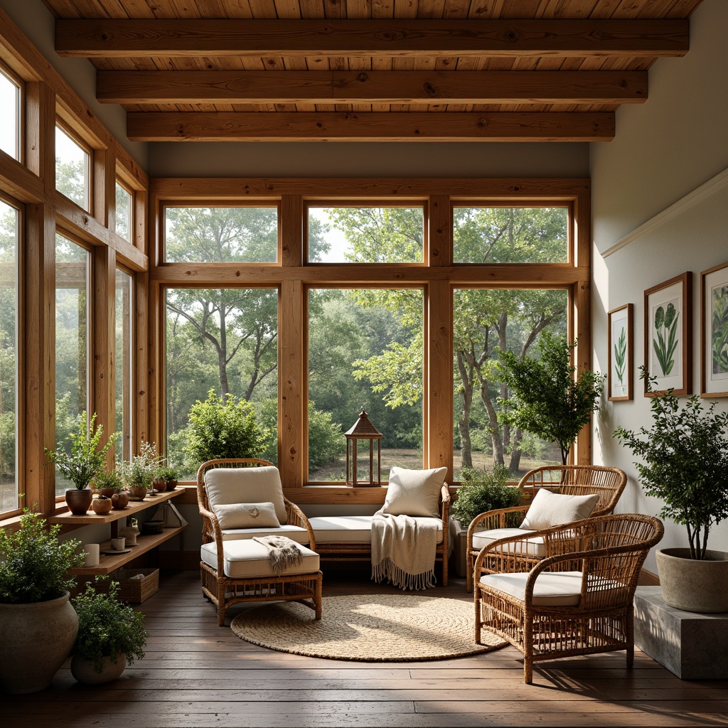 Prompt: Rustic sunroom, wooden accents, craftsman style decor, warm natural light, wooden beams, exposed trusses, earthy color palette, organic textures, reclaimed wood furniture, plush throw blankets, woven wicker chairs, nature-inspired artwork, lush greenery, potted plants, botanical prints, vintage metal lanterns, soft warm lighting, cozy reading nook, 3/4 composition, shallow depth of field, realistic wood grain textures.