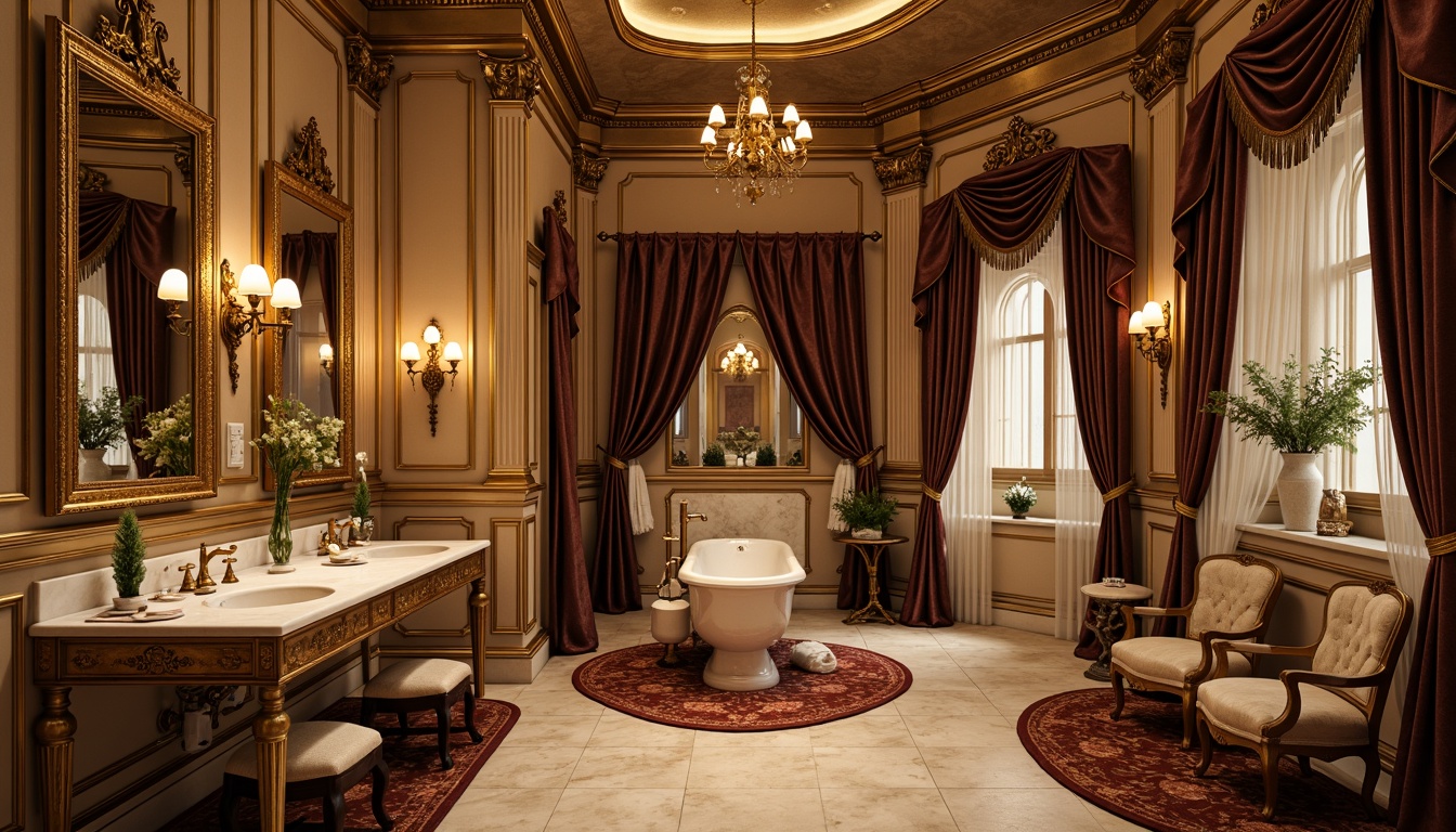 Prompt: Richly ornamented powder room, lavish golden accents, intricately patterned velvets, jewel-toned silk fabrics, ornate mirrors, gilded frames, soft warm candlelight, luxurious marble countertops, antique furnishings, curved lines, floral motifs, Rococo-inspired designs, lavish drapery, heavy tassels, opulent chandeliers, aristocratic atmosphere, intimate setting, warm beige colors, subtle sheen textures, realistic reflections.