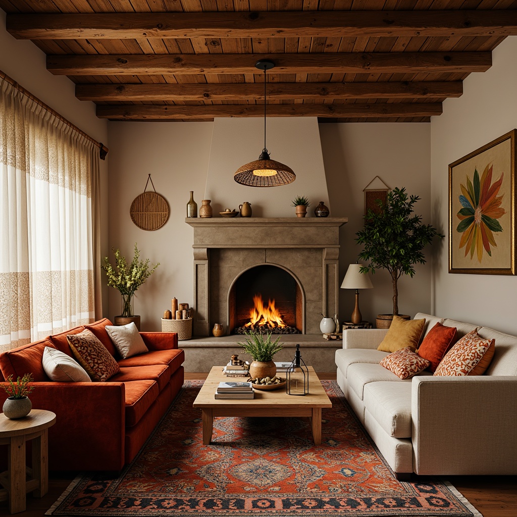 Prompt: Cozy living room, plush velvet sofa, soft linen upholstery, warm beige walls, rich wood accents, delicate lace curtains, vibrant colorful throw pillows, intricate geometric patterns, natural fiber rugs, Moroccan-inspired tiles, ambient lighting, shallow depth of field, 3/4 composition, realistic textures, rustic wooden coffee table, fragrant essential oils, crackling fireplace.