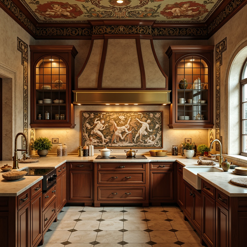 Prompt: Elegant kitchen, Renaissance-style backsplash, ornate tilework, vintage bronze fixtures, rich wood cabinetry, creamy marble countertops, warm golden lighting, intricate stone carvings, decorative frescoes, classic archways, sophisticated color palette, subtle texture contrasts, 1/1 composition, soft focus effect, realistic materials, ambient occlusion.