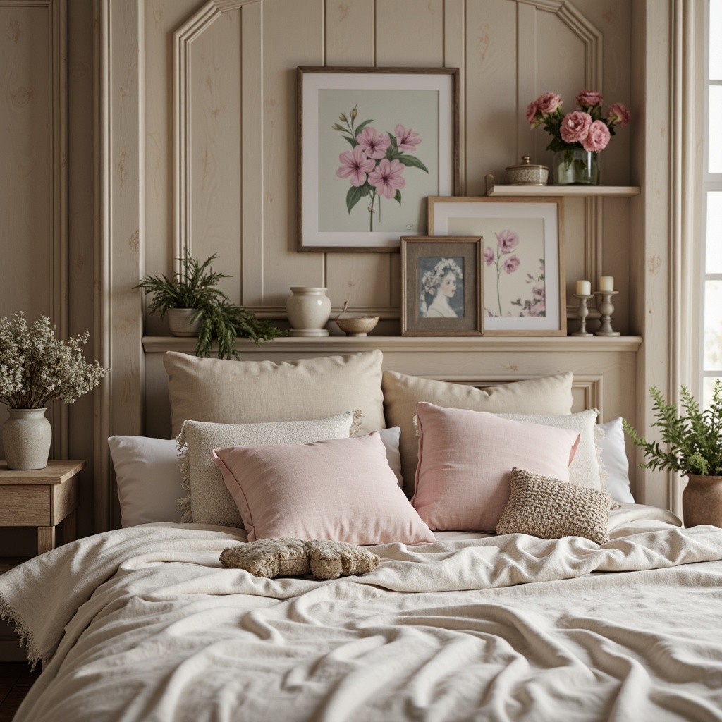 Prompt: Soft, feminine boudoir, distressed wood accents, vintage decorative items, lace trim, ruffled fabrics, pastel hues, creamy whites, warm beiges, soft pinks, misty blues, mauve undertones, natural linen textures, subtle sheen, delicate patterns, floral motifs, ornate frames, romantic ambiance, warm candlelight, gentle shadows, 1/1 composition, shallow depth of field, realistic textures.