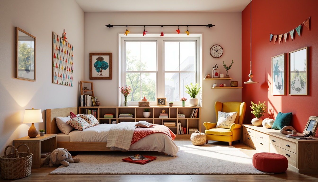 Prompt: Vibrant kids' room, bright color scheme, whimsical decorations, soft warm lighting, string lights, table lamps, floor lamps, colorful shades, polka dot patterns, playful textures, fun accessories, cozy reading nook, built-in bookshelves, comfortable seating area, natural wood furniture, white walls, bold accent walls, modern minimalist design, 1/1 composition, high contrast ratio, dramatic shadows, soft focus effect.