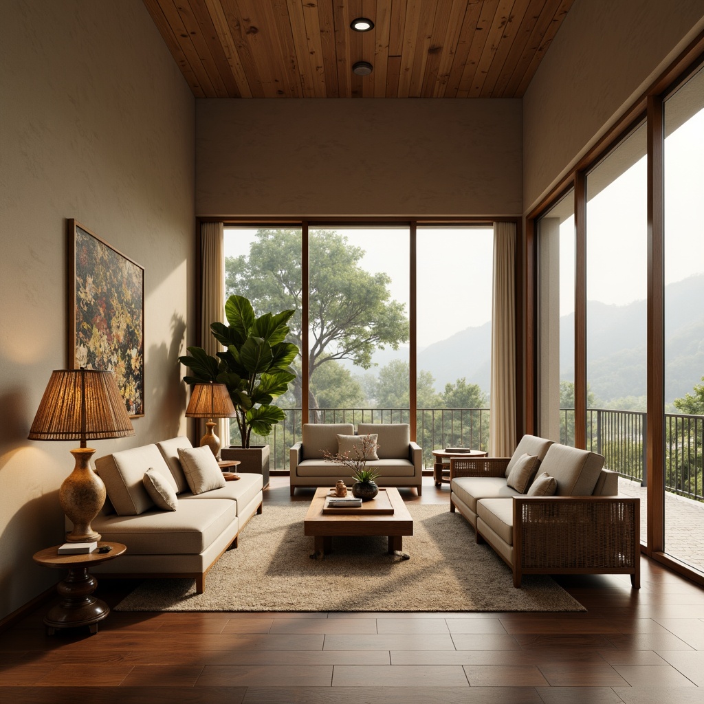 Prompt: Minimalist great room, Asian-inspired decor, warm beige walls, polished dark wood floors, low-seated sofas, elegant coffee tables, ornate floor lamps, vibrant green plants, natural textiles, subtle patterns, sliding glass doors, panoramic views, soft diffused lighting, 1/1 composition, realistic reflections, ambient occlusion.