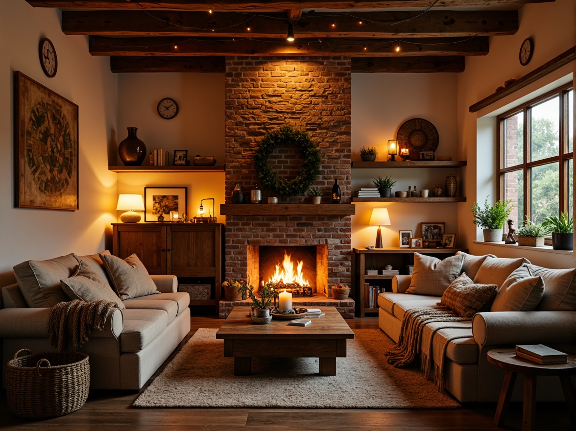 Prompt: Cozy living room, warm earthy tones, soft plush furniture, crackling fireplace, table lamps, floor lamps, pendant lights, string lights, candles, lanterns, natural textiles, woven baskets, reclaimed wood accents, comfortable reading nooks, oversized throw blankets, vintage decorative items, rustic metal fixtures, warm golden lighting, softbox lighting, 1/2 composition, intimate atmosphere, realistic shadows, ambient occlusion.