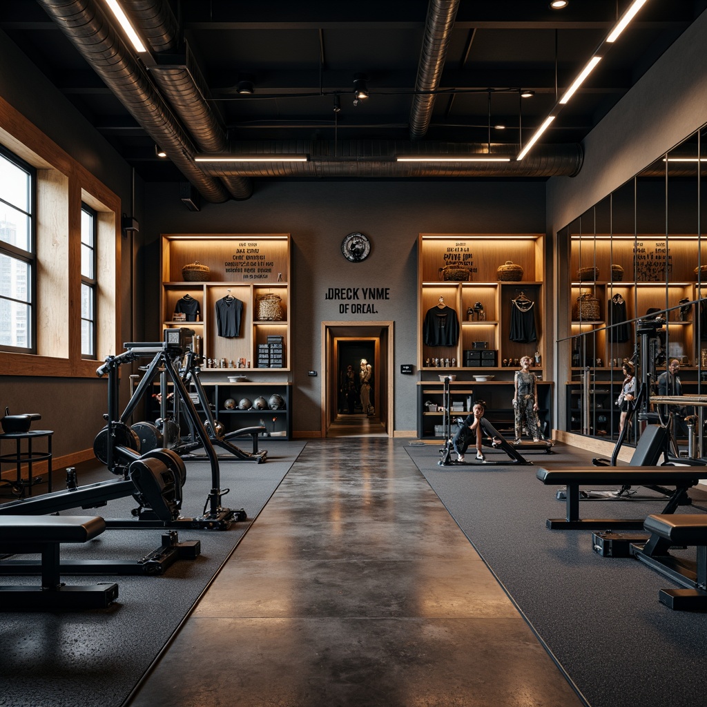 Prompt: Modern home gym, sleek metal equipment, rubber flooring, mirrored walls, industrial lighting, functional storage units, wooden cabinets, open shelving, basket-weave bins, athletic gear display, motivational quotes, natural stone accents, urban loft atmosphere, dramatic shadows, high-contrast colors, 1/2 composition, softbox lighting, realistic reflections.