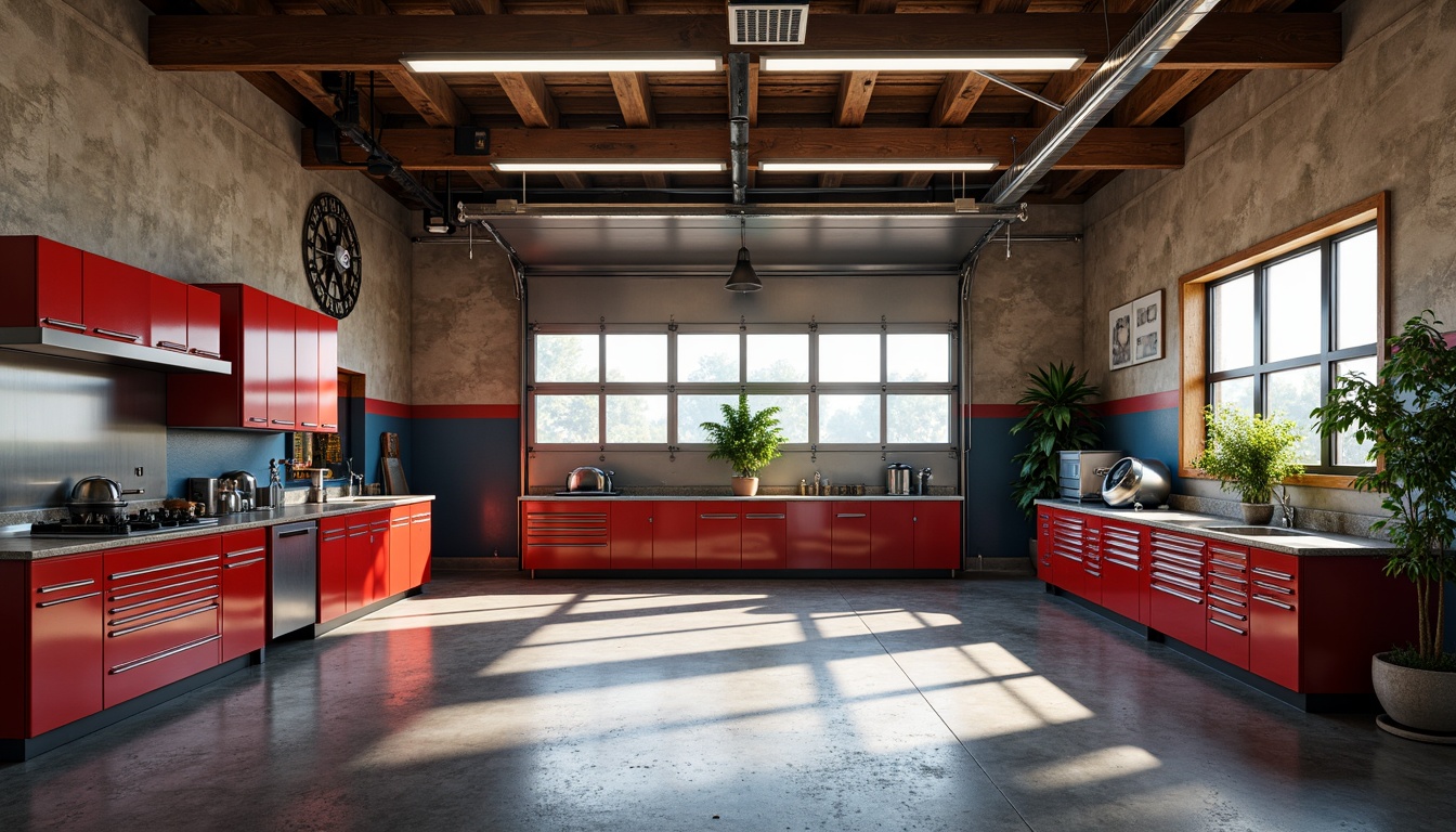 Prompt: Vibrant garage interior, industrial-style lighting, metal tools, polished concrete floors, rustic wooden cabinets, bold red accents, metallic silver tones, deep blue undertones, warm beige walls, modern minimalist design, ample natural light, soft shadowing, 1/1 composition, realistic reflections.