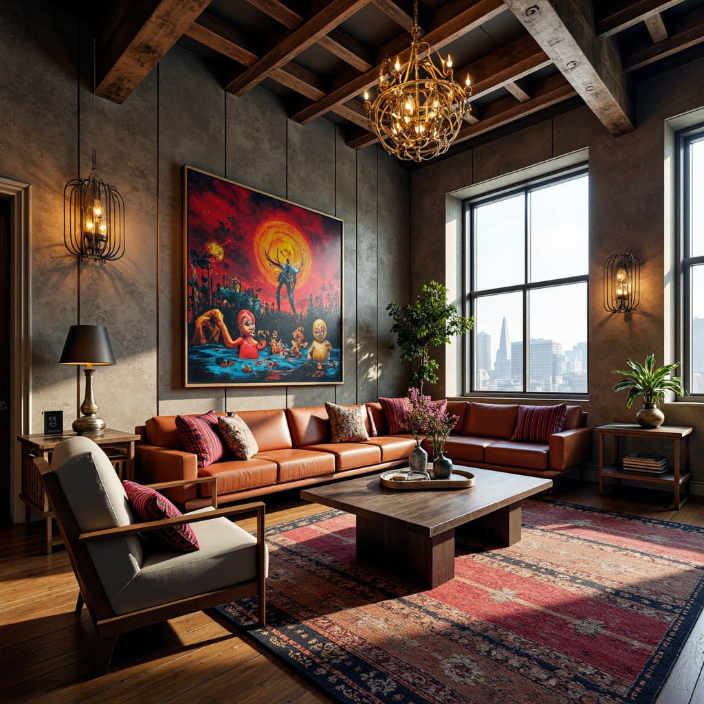 Prompt: Vibrant eclectic penthouse, lavish furnishings, bold color palette, mixed metallic accents, ornate chandeliers, abstract artwork, plush area rugs, distressed wood floors, vintage decor pieces, industrial metal beams, reclaimed wood walls, oversized windows, cityscape views, dramatic lighting, high-contrast shading, atmospheric misting, 1/1 composition, cinematic angles, detailed textures, realistic reflections.