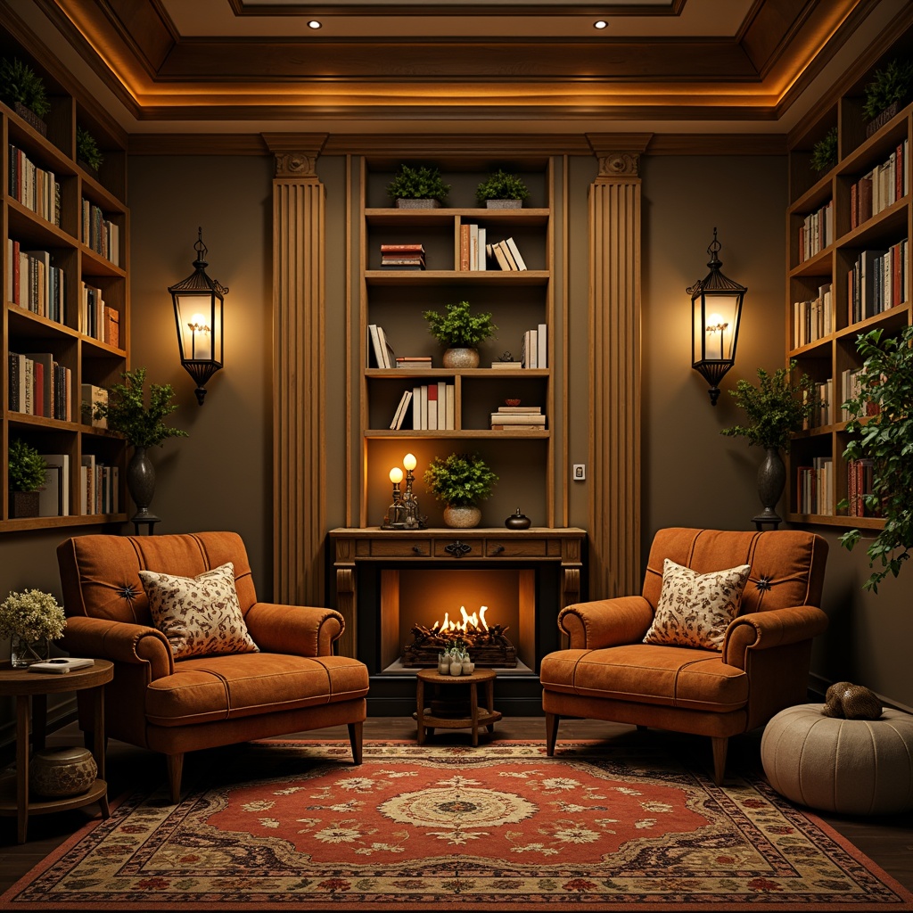 Prompt: Cozy reading nook, plush velvet pillows, soft golden lighting, vintage wooden bookshelves, ornate metal lanterns, lush greenery, delicate floral patterns, intricate rug designs, warm beige walls, comfortable oversized armchairs, rustic wooden accents, ornamental vases, elegant candlesticks, tranquil atmosphere, shallow depth of field, 1/1 composition, soft focus, warm color palette.