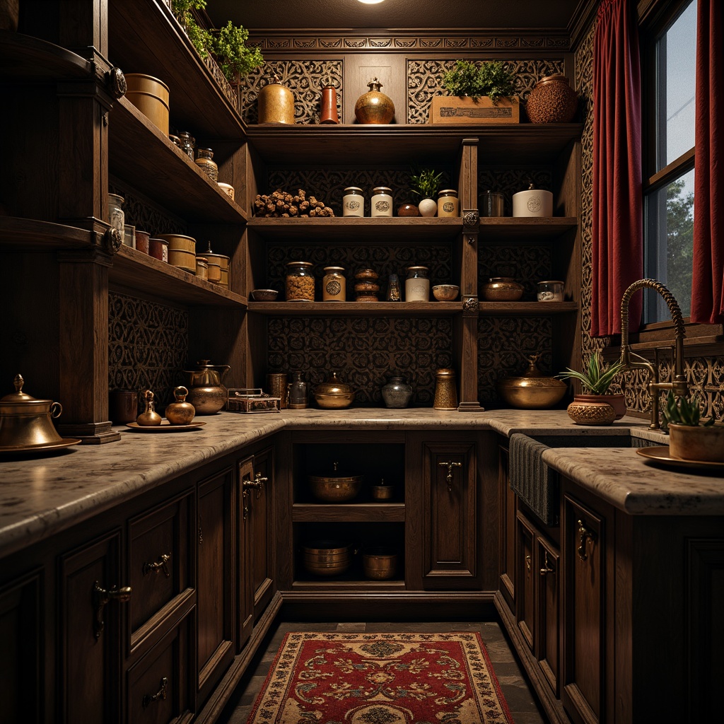 Prompt: Dark mysterious pantry, ornate wooden shelves, intricately carved Gothic details, rusty metal hardware, vintage apothecary jars, distressed finishes, worn stone countertops, aged bronze faucets, rich velvet drapes, mystical ambient lighting, warm candle glow, dramatic shadows, 1/1 composition, shallow depth of field, realistic textures, cinematic atmosphere.