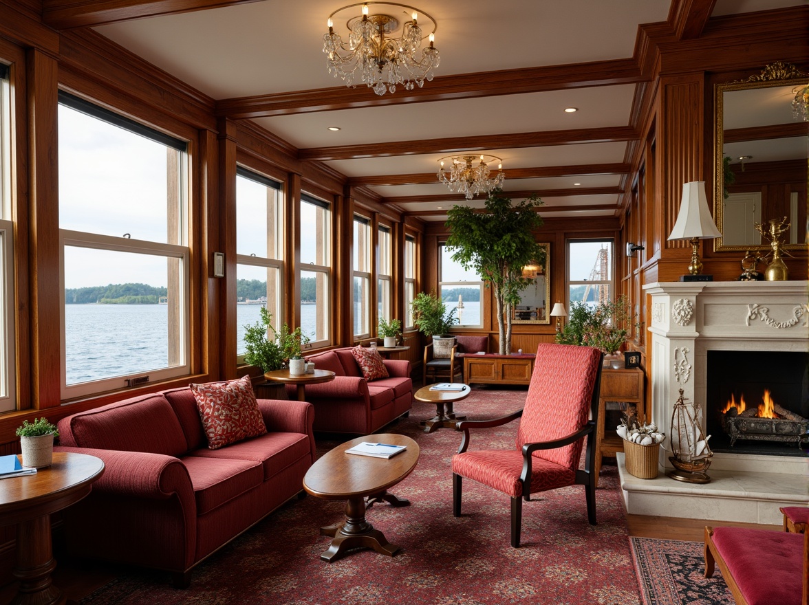 Prompt: Elegant boathouse interior, rich wood paneling, ornate golden accents, plush velvet upholstery, crystal chandeliers, marble fireplaces, intricately carved wooden furnishings, soft cream-colored walls, high ceilings, large windows, lake views, natural light, warm cozy atmosphere, rustic wooden floors, nautical-themed decor, vintage navigation instruments, classic sailboat models, luxurious textiles, subtle color palette, soft box lighting, 1/1 composition, realistic reflections.