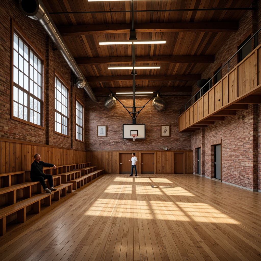 Prompt: \Rustic gymnasium, wooden flooring, warm brown tones, maple wood accents, vintage athletic equipment, distressed brick walls, exposed ductwork, industrial-style lighting, metal beams, reclaimed wood bleachers, natural stone wainscoting, earthy color palette, soft warm lighting, shallow depth of field, 3/4 composition, realistic textures, ambient occlusion.\Let me know if this meets your requirements!