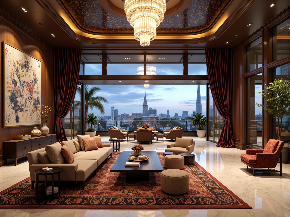 Prompt: Luxurious penthouse, eclectic style, lavish decorations, ornate moldings, crystal chandeliers, velvet drapes, marble floors, intricate patterns, bold color schemes, oversized furniture, plush area rugs, metallic accents, geometric shapes, abstract artwork, statement lighting fixtures, floor-to-ceiling windows, panoramic city views, sleek modern appliances, rich wood tones, sumptuous textiles, exotic plants, dramatic high ceilings, soft warm ambiance, 1/1 composition, shallow depth of field, realistic reflections.