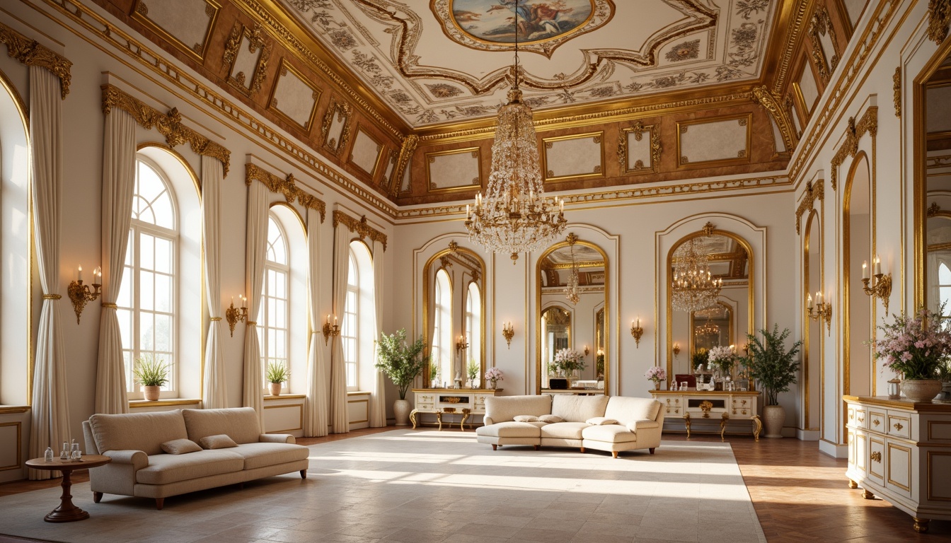 Prompt: Luxurious palace interior, ornate gold leaf detailing, delicate shell patterns, soft cream-colored walls, intricately carved wooden furniture, velvet upholstery, crystal chandeliers, grandiose mirrors, frescoed ceilings, curved lines, asymmetrical compositions, pastel color palette, warm candlelight, shallow depth of field, 1/1 composition, realistic textures, ambient occlusion.