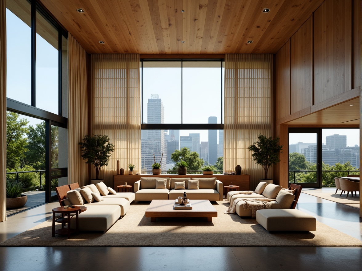 Prompt: Spacious great room, high ceiling, minimal ornamentation, natural wood accents, sliding shoji screens, Asian-inspired furnishings, plush area rugs, warm ambient lighting, cozy reading nooks, floor-to-ceiling windows, stunning city views, lush greenery, modern minimalist decor, sleek low-profile furniture, subtle textures, soft earthy tones, 1/2 composition, shallow depth of field, realistic reflections.