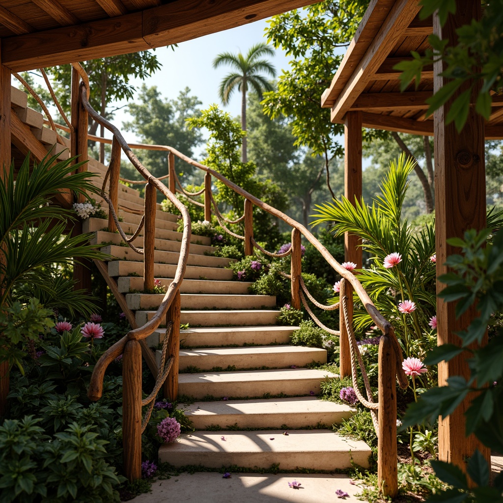 Prompt: Tropical staircase, exotic hardwood railing, ornate metal balusters, curved lines, natural fiber ropes, woven rattan details, lush greenery, vibrant flowers, warm sunny day, soft warm lighting, shallow depth of field, 3/4 composition, panoramic view, realistic textures, ambient occlusion.