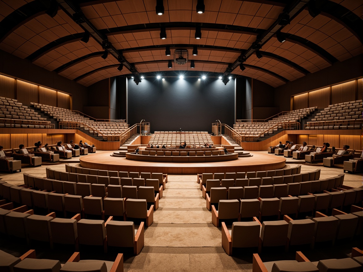 Prompt: Tiered seating, curved rows, comfortable chairs, ample legroom, inclined floor plan, natural stone or wooden steps, modern amphitheater design, circular or oval shape, central performance area, spotlights, warm color scheme, soft ambient lighting, 3/4 composition, shallow depth of field, realistic textures, ambient occlusion.