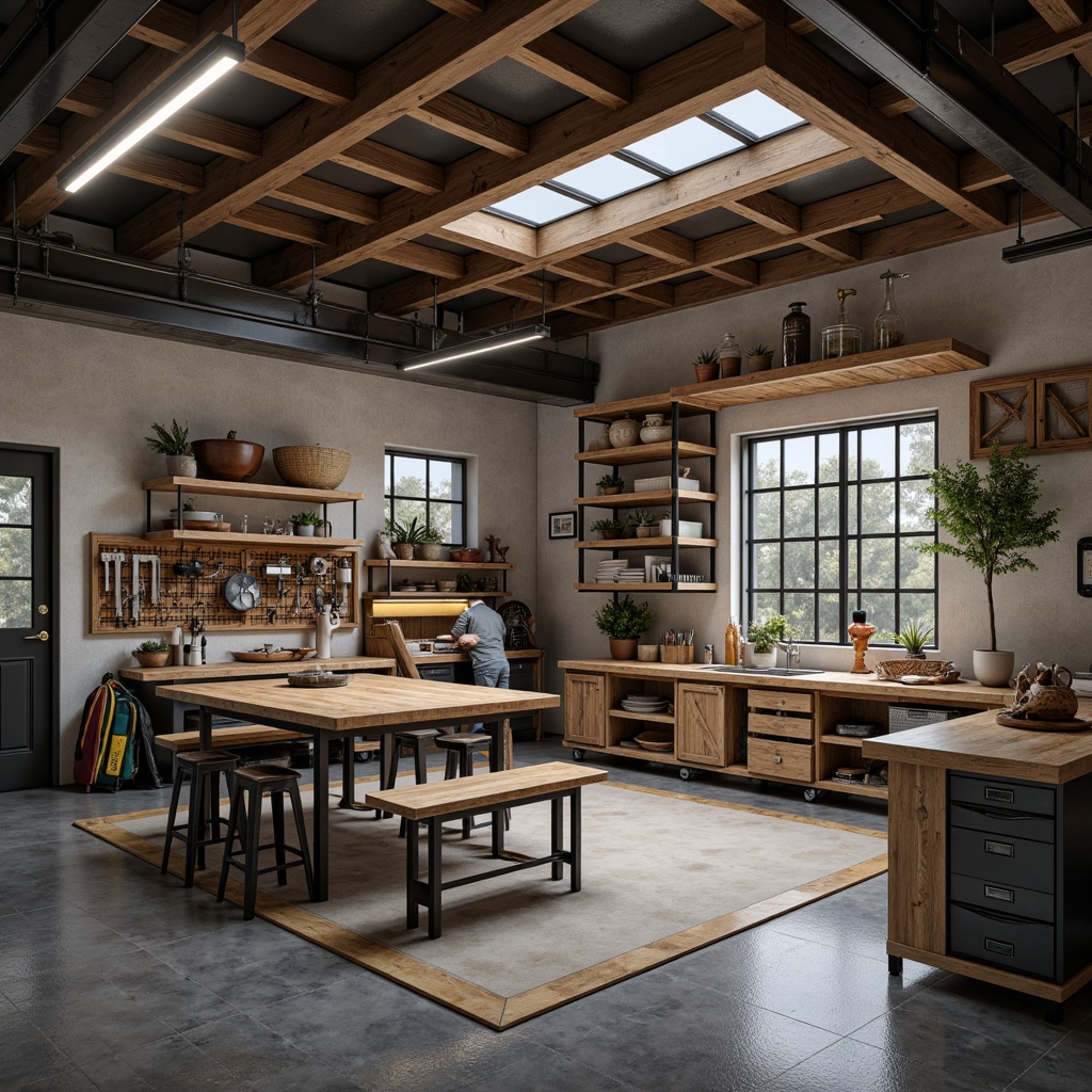 Prompt: Cozy garage interior, industrial-style furniture, metal shelving units, wooden workbenches, tool organizers, epoxy-coated floors, concrete walls, modern track lighting, suspended ceiling storage, rustic decor accents, functional layout, efficient workflow, 3D visualizations, realistic textures, ambient occlusion, shallow depth of field, panoramic view.