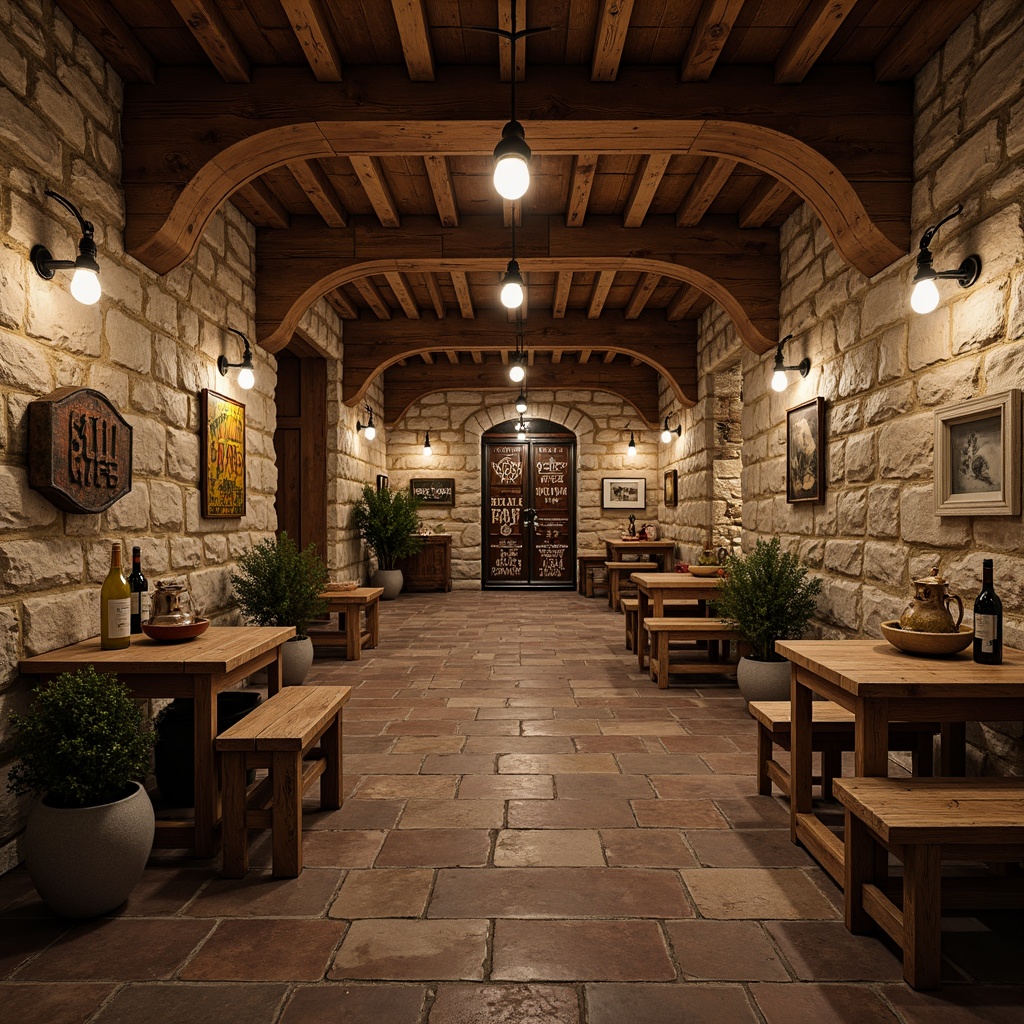 Prompt: Rustic basement, exposed stone walls, rough-hewn wooden accents, earthy color palette, natural textures, distressed finishes, vintage metal signs, reclaimed wood planks, worn brick surfaces, industrial-style lighting, warm cozy ambiance, soft diffused light, shallow depth of field, 1/1 composition, realistic renderings, ambient occlusion.