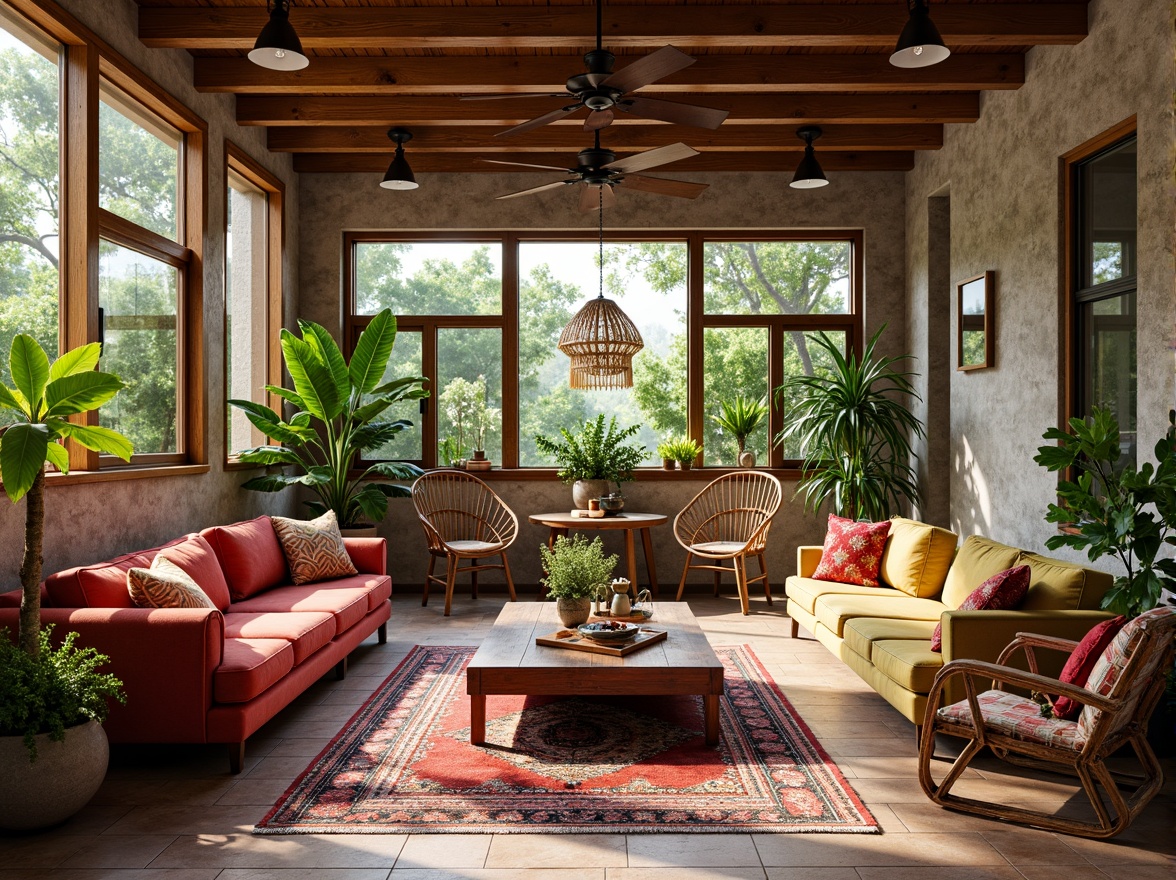 Prompt: Vibrant sunroom, eclectic mix of vintage and modern furniture, plush velvet sofas, reclaimed wood coffee tables, Moroccan-inspired tile floors, colorful patterned rugs, lush greenery, exotic plants, natural stone walls, large windows, soft warm lighting, rustic wooden beams, rattan armchairs, macrame hangings, bohemian textiles, global-inspired decorative accents, sunny day, shallow depth of field, 3/4 composition, realistic textures, ambient occlusion.