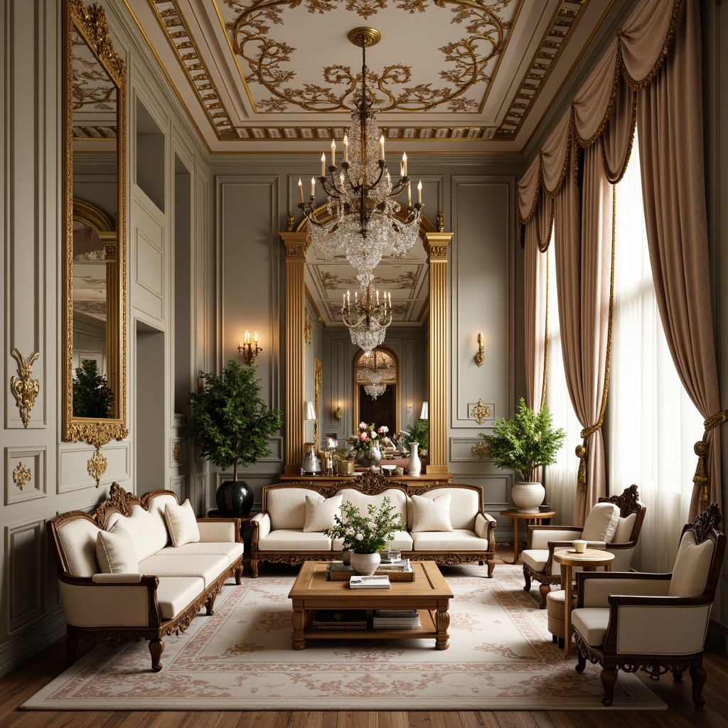 Prompt: Luxurious Rococo interiors, ornate gold accents, intricately carved wooden furniture, plush velvet upholstery, soft pastel colors, delicate floral patterns, curvaceous lines, antique bronze hardware, crystal chandeliers, lavish drapery, opulent fabrics, French-inspired elegance, grandiose scale, dramatic lighting effects, warm candlelight ambiance.