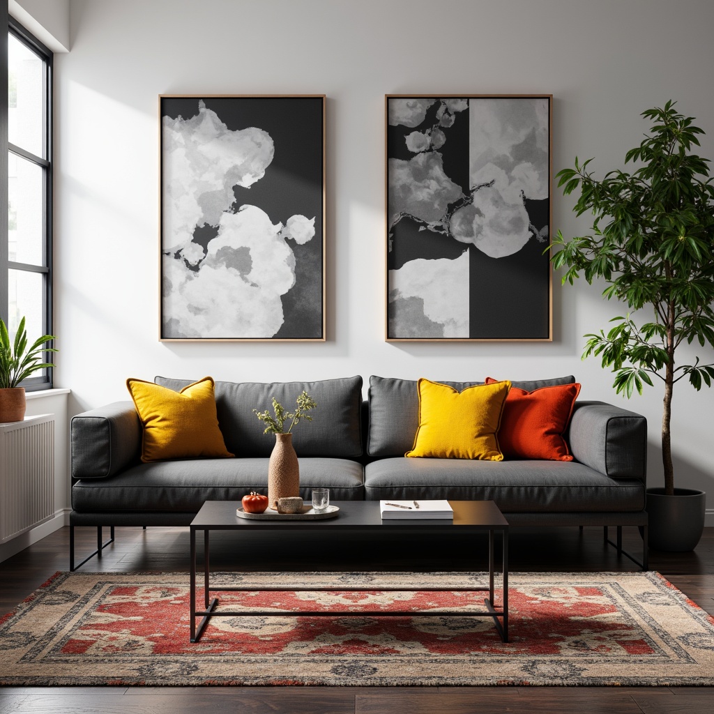 Prompt: Monochromatic background, clean lines, minimal decor, bold colorful accents, vibrant throw pillows, geometric patterned rugs, sleek metal frames, matte black furniture, subtle texture contrasts, soft warm lighting, shallow depth of field, 1/1 composition, panoramic view, realistic materials, ambient occlusion.