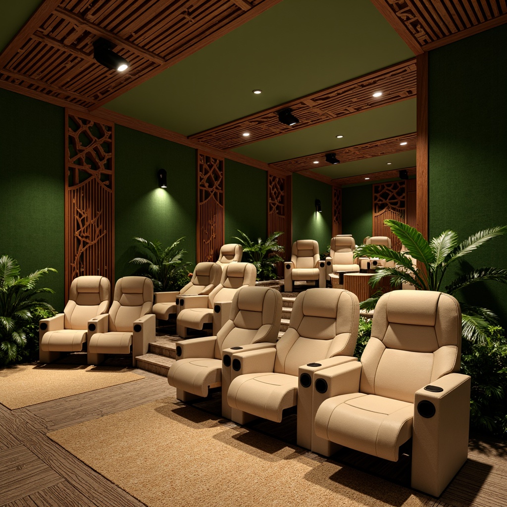 Prompt: Luxurious cinema interior, tropical island vibe, lush green walls, exotic wooden accents, plush velvet seats, reclining chairs, ergonomic design, ample legroom, adjustable armrests, soft cushioning, calming ambient lighting, warm beige colors, natural fiber rugs, woven bamboo textures, curved lines, organic shapes, intimate cozy atmosphere, soft focus spotlights, 1/2 composition, shallow depth of field, realistic renderings.