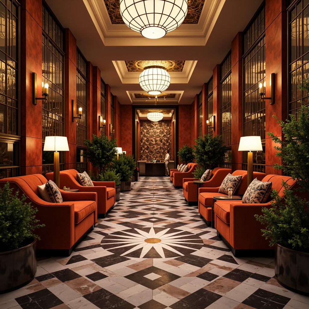 Prompt: Luxurious Art Deco interior, geometric patterned walls, metallic accents, ornate mirrors, lavish furnishings, rich velvet fabrics, bold color schemes, glamorous lighting fixtures, statement wallpapers, opulent molding details, sunburst motifs, zigzag patterns, metallic leafing, luxurious marble surfaces, high-gloss finishes, dramatic shadow effects, low-angle shot, cinematic composition, vibrant warm colors, soft focus blur.