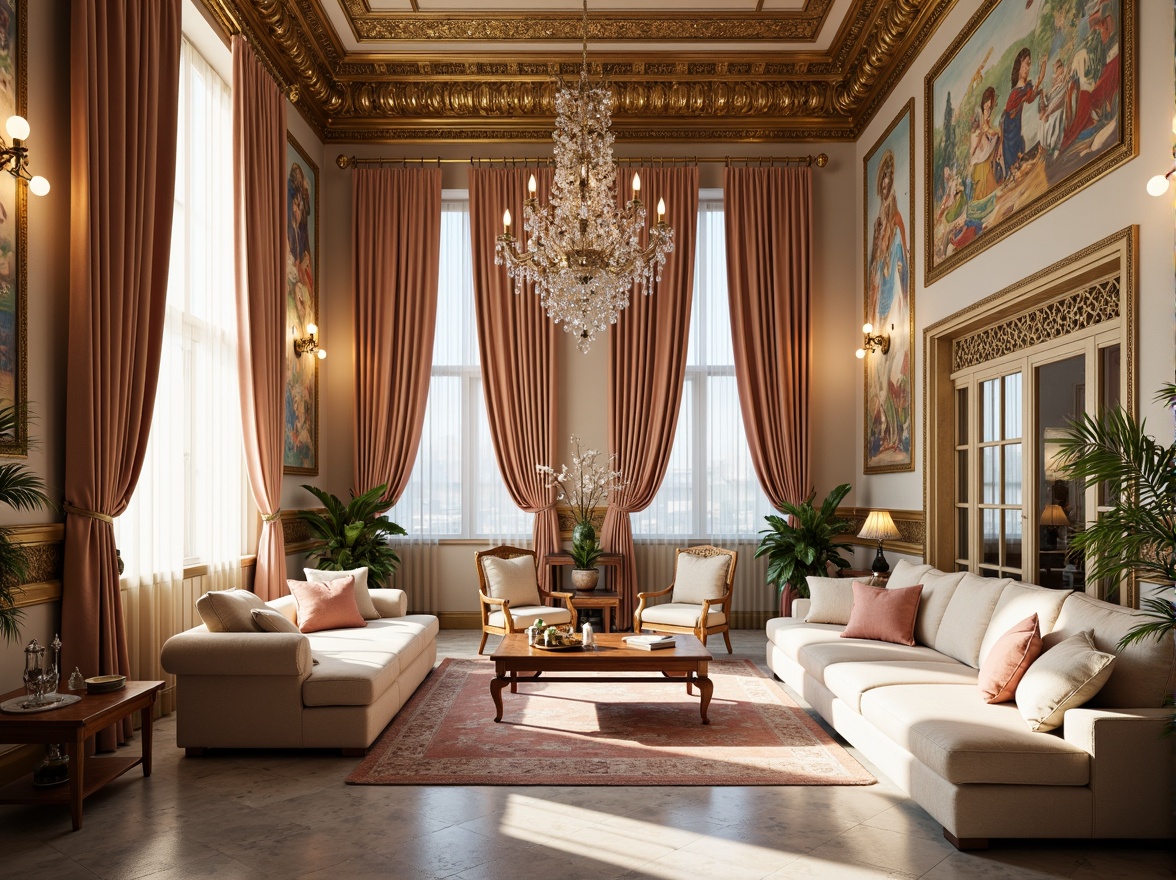 Prompt: Opulent loft interior, lavish furnishings, ornate carvings, gilded accents, soft pastel hues, delicate florals, intricate moldings, curved lines, grand chandeliers, luxurious fabrics, velvet drapes, crystal prisms, marble floors, ornamental mirrors, Rococo-inspired patterns, whimsical frescoes, warm golden lighting, shallow depth of field, 1/1 composition, intimate atmosphere, realistic textures.