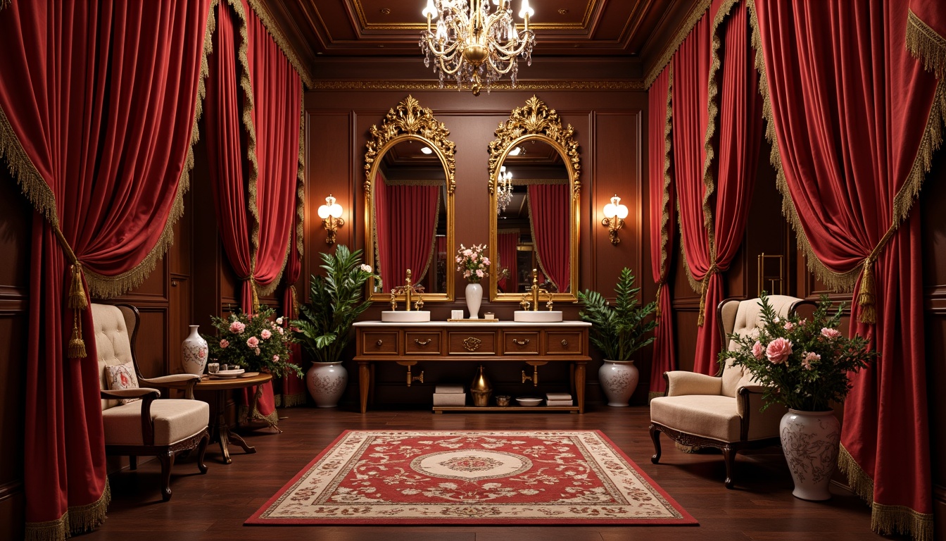 Prompt: Opulent powder room, rich velvet drapes, intricate golden frames, ornate mirrors, lavish chandeliers, delicate porcelain vases, luxurious silk textiles, heavy tassel cords, soft warm candlelight, intimate seating areas, carved wooden paneling, gilded accents, crimson red walls, Baroque-inspired patterns, subtle sheen fabrics, dramatic floor-to-ceiling curtains, ornamental florals, majestic architectural details.