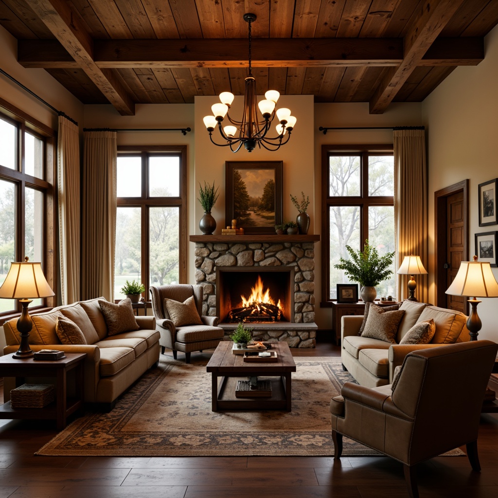 Prompt: Cozy rustic family room, warm wooden accents, earthy tone color palette, soft glowing table lamps, vintage metal chandeliers, dimmable floor lamps, natural stone fireplaces, crackling wood fires, plush area rugs, comfortable sectional sofas, rich leather armchairs, warm beige walls, distressed wood ceiling beams, soft warm lighting, shallow depth of field, 1/1 composition, intimate atmosphere, realistic textures.