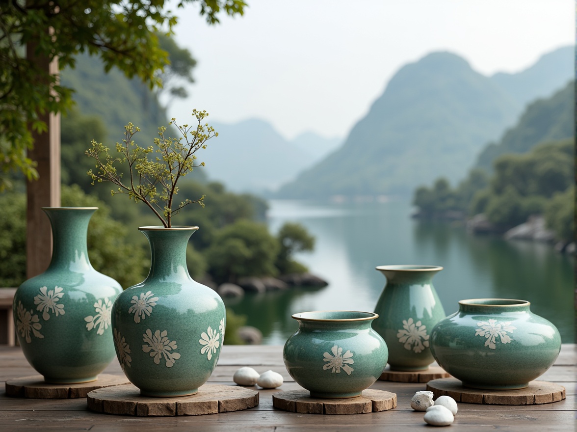 Prompt: Celadon-hued ceramics, soft blue-green tones, subtle crackle glaze, delicate Chinese motifs, intricate floral patterns, elegant vases, refined ornate details, creamy white accents, gentle warm lighting, shallow depth of field, 1/1 composition, realistic textures, ambient occlusion, traditional Asian-inspired architecture, serene natural environments, misty mountains, peaceful water features.