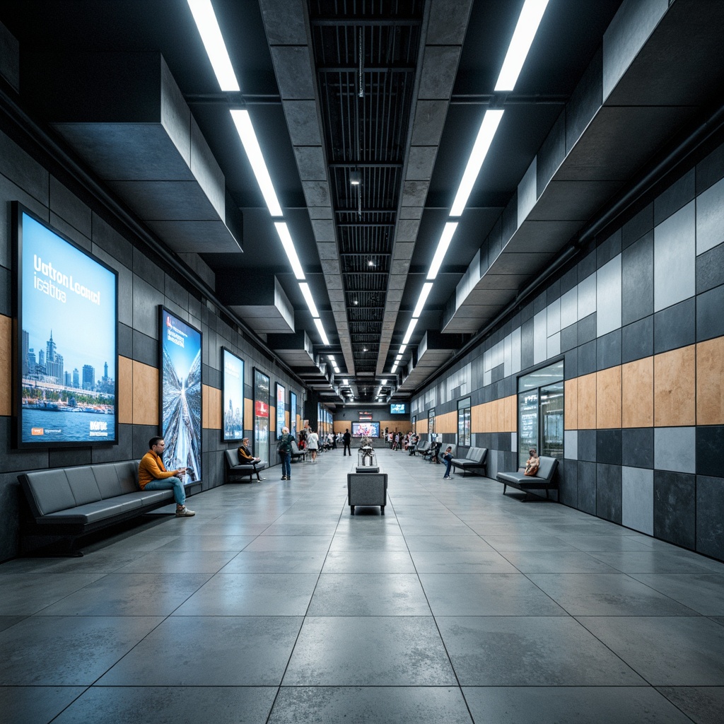 Prompt: Urban metro station, academic architectural style, modern innovative wall treatments, geometric patterns, metallic accents, sleek glass panels, LED lighting installations, dynamic visual displays, information screens, minimalist benches, polished concrete floors, neutral color palette, subtle branding elements, futuristic ambiance, soft indirect lighting, shallow depth of field, 3/4 composition, panoramic view, realistic textures, ambient occlusion.