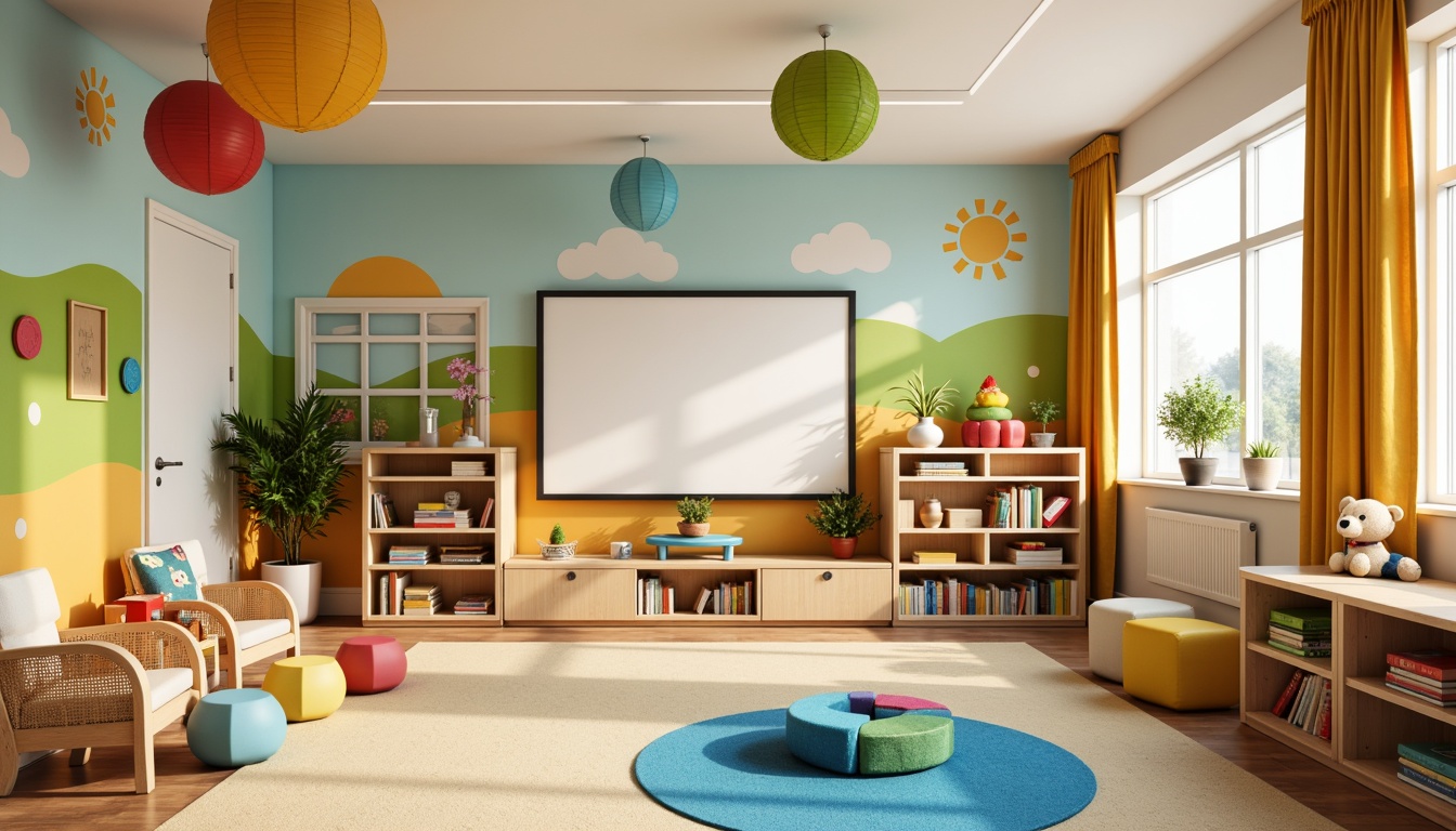 Prompt: Vibrant kindergarten interior, bright primary colors, soft pastel hues, playful polka dots, whimsical stripes, gentle cream accents, natural wood tones, cozy carpeted floors, cheerful circular shapes, educational wall murals, interactive display shelves, inviting reading nooks, stimulating play areas, warm sunny lighting, shallow depth of field, 1/1 composition, panoramic view, realistic textures, ambient occlusion.