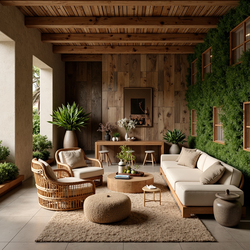 Prompt: Earth-toned interior space, reclaimed wood accents, natural stone walls, bamboo flooring, woven rattan furniture, living green walls, organic shapes, earthy color palette, soft warm lighting, cozy ambiance, minimal ornamentation, emphasis on texture, sustainable design principles, eco-friendly materials, subtle pattern variations, calming atmosphere, serene vibe.